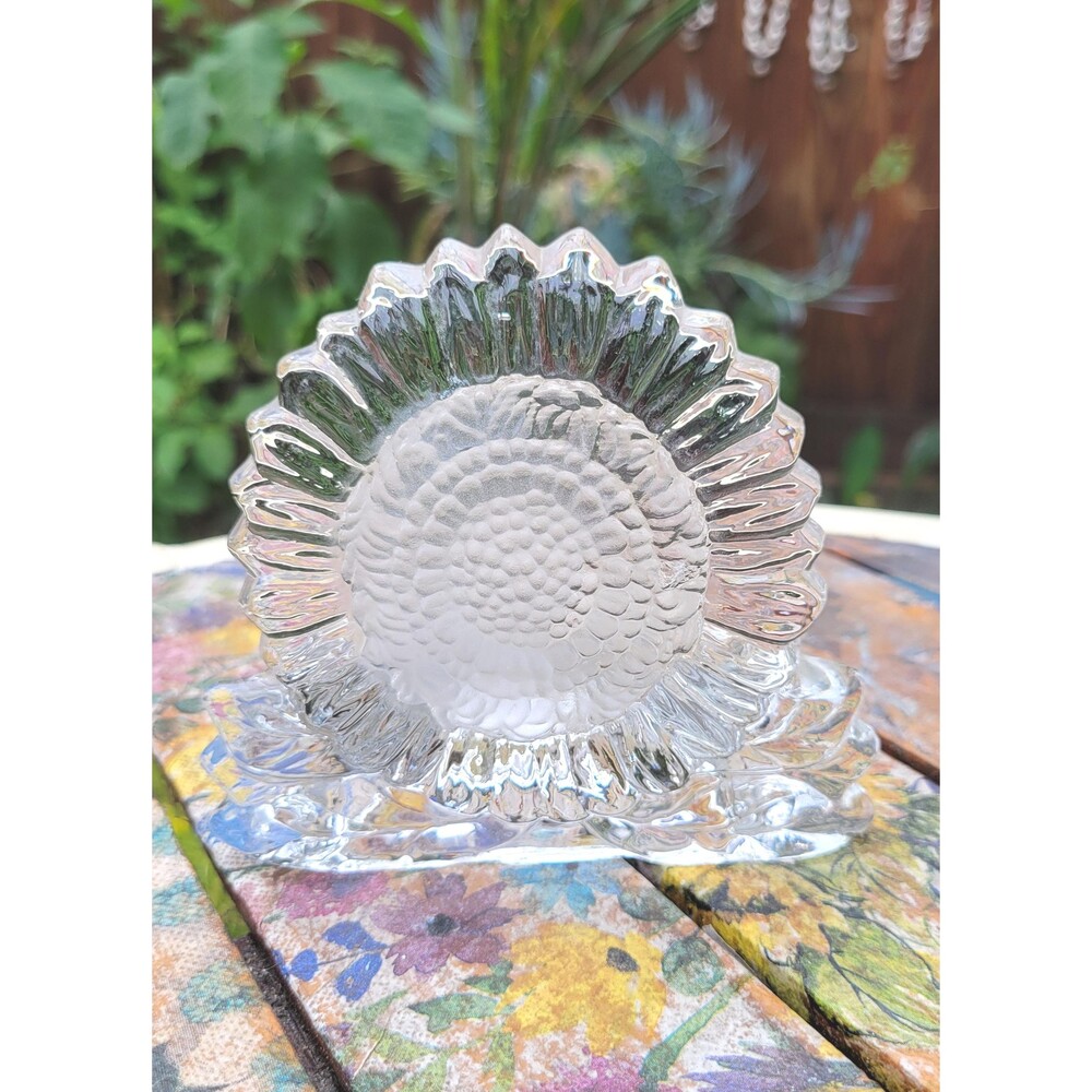 Vintage PartyLite Clear & Frosted Glass Sunflower Votive / Tealight Candle Holde